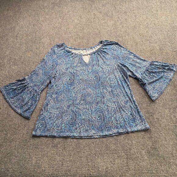 Spense Top Womens LP Blue Paisley Bell Sleeve Keyhole Boho Fairy Hippie Festival - Picture 1 of 12